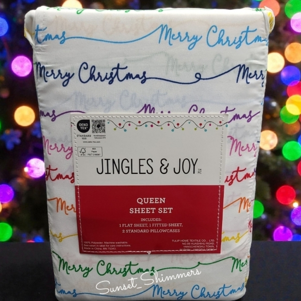 Jingles & Joy Colorful Merry Christmas QUEEN Bed Sheet Set Decor NEW